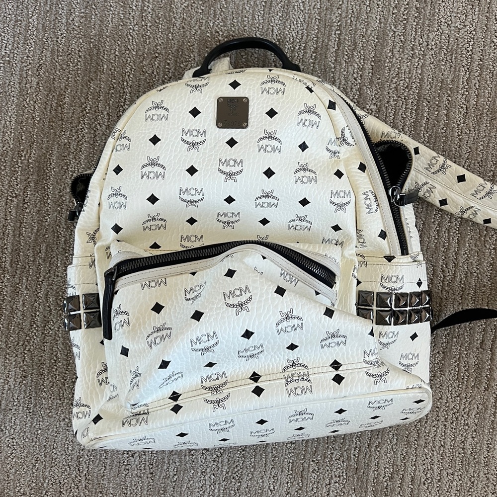 MCM STARK SIDE STUDS BACKPACK IN VISETOS leather white medium backpack